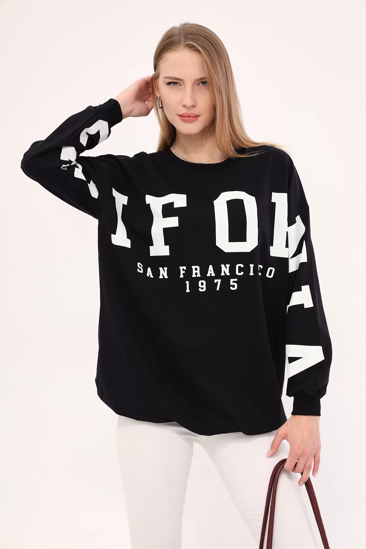 ARM-25K001023 Siyah Bisiklet Yaka Calıfornıa Baskılı Oversize Sweatshirt