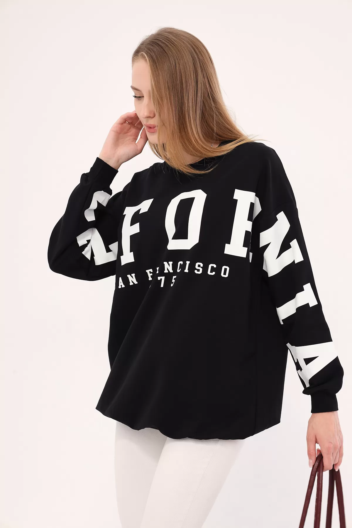 ARM-25K001023 Siyah Bisiklet Yaka Calıfornıa Baskılı Oversize Sweatshirt