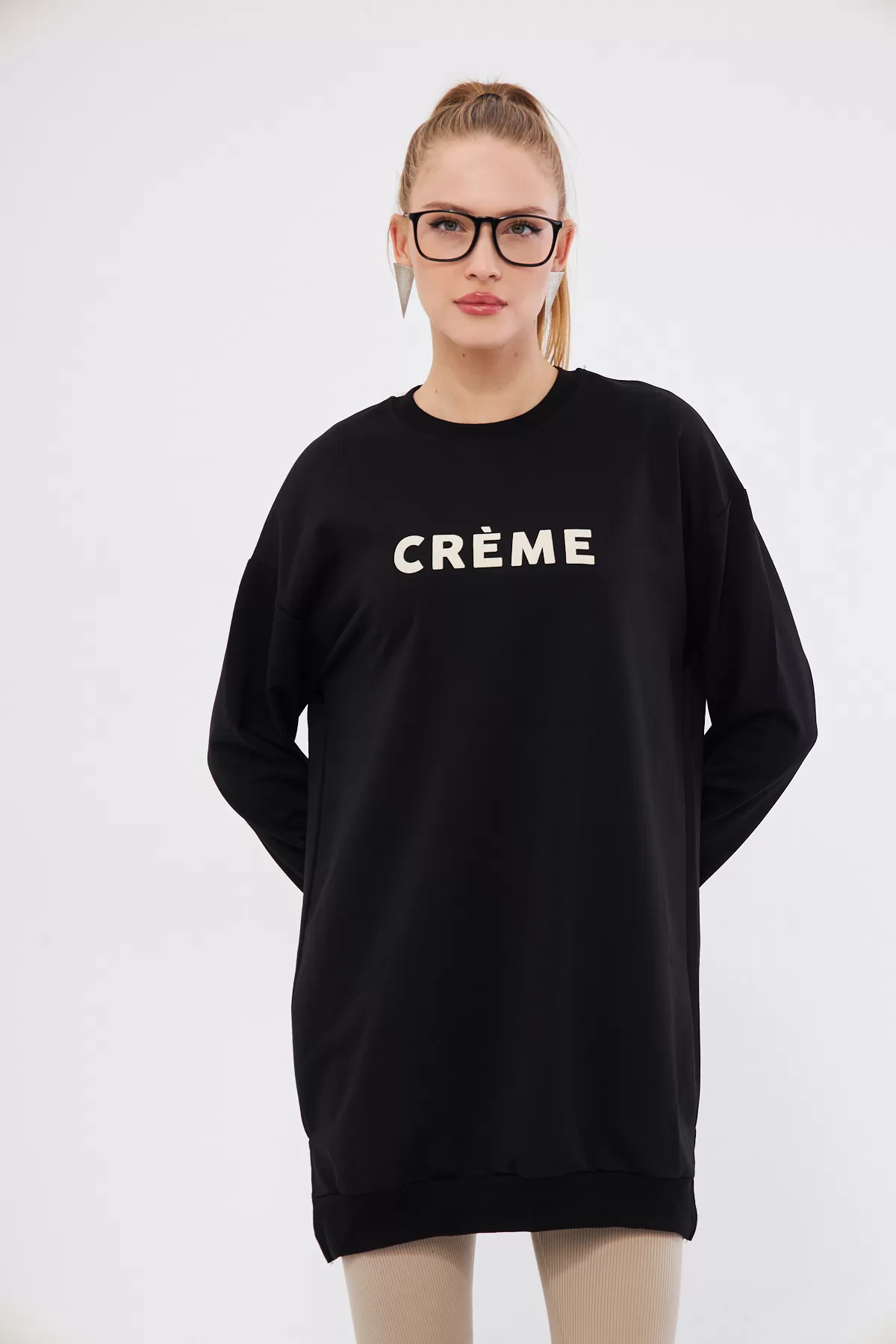 ARM-25K001029 Siyah Bisiklet Yaka Önü Yazılı Tunik Sweatshirt