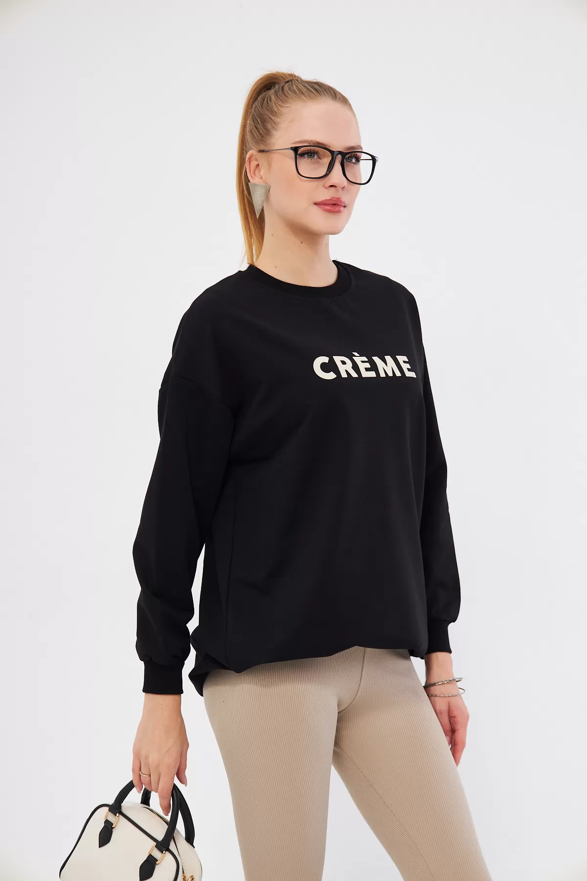 ARM-25K001029 Siyah Bisiklet Yaka Önü Yazılı Tunik Sweatshirt