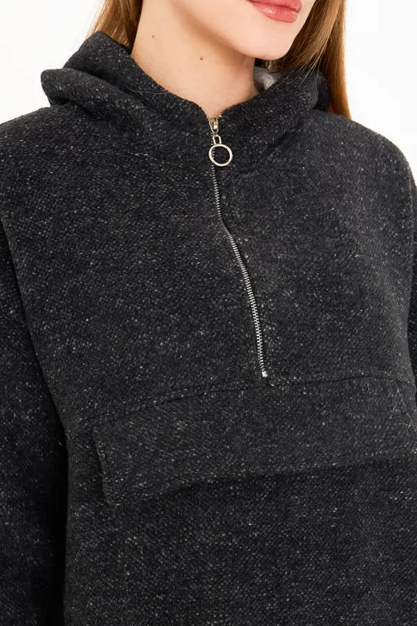 ARM-25K001097 Siyah Kapüşonlu Cep Kapaklı Kaşe Sweatshirt