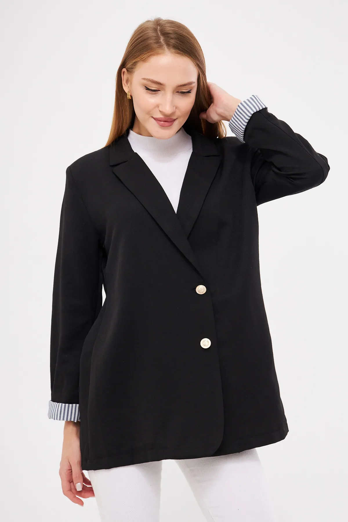 ARM-25K001015 Siyah Kruvaze Yaka Kolu Katlama Detaylı Oversize Vatkalı Blazer Ceket