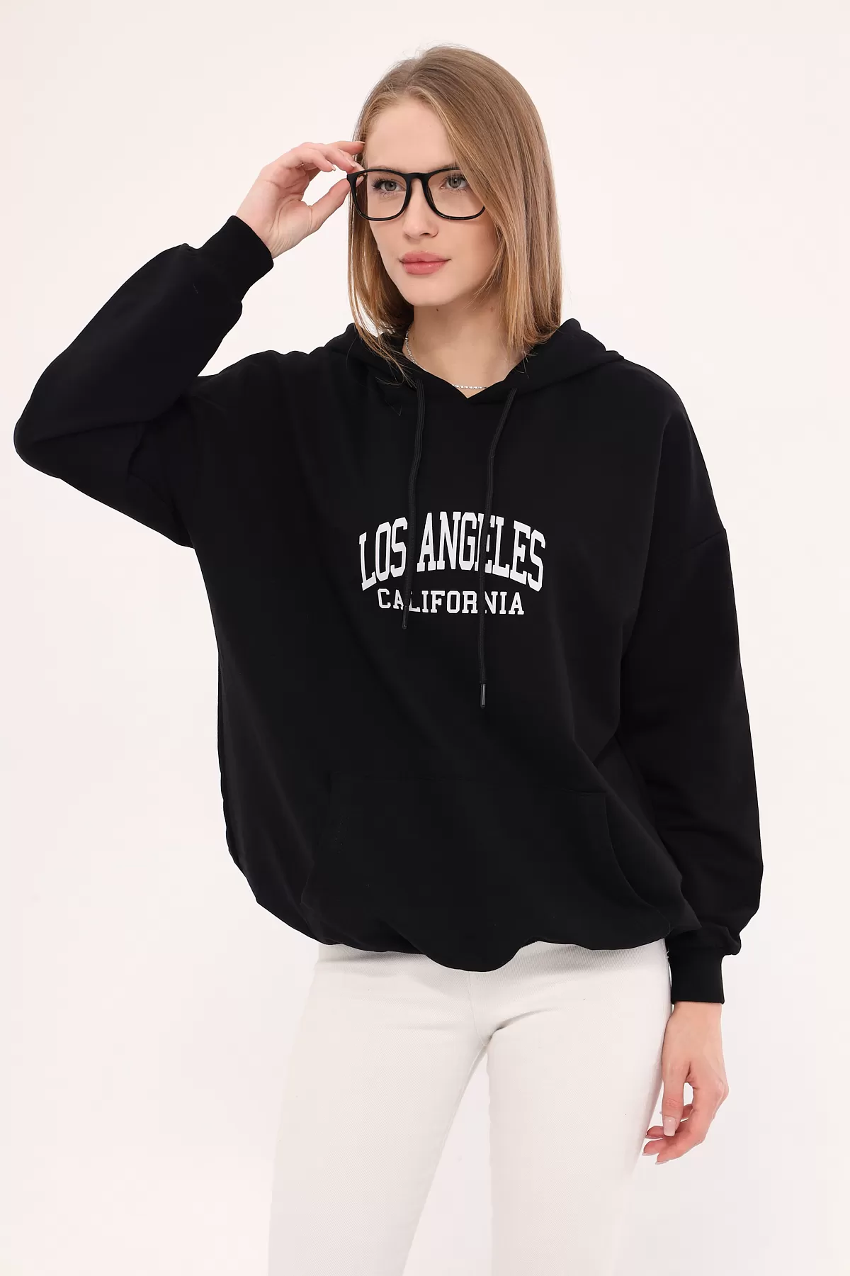 ARM-25K001026 Siyah Los Angeles Baskılı Kapüşonlu Oversize Sweatshirt