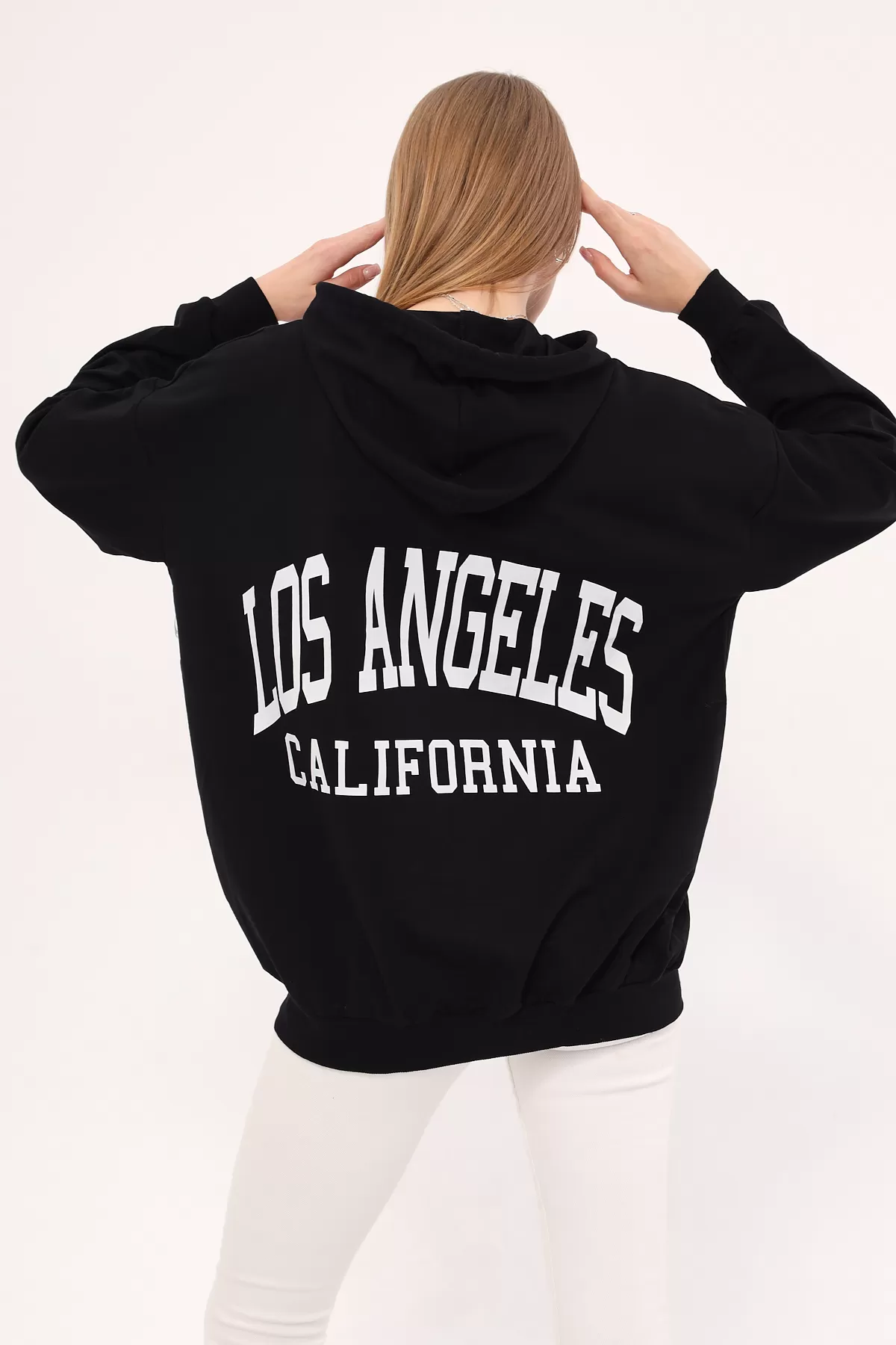 ARM-25K001026 Siyah Los Angeles Baskılı Kapüşonlu Oversize Sweatshirt