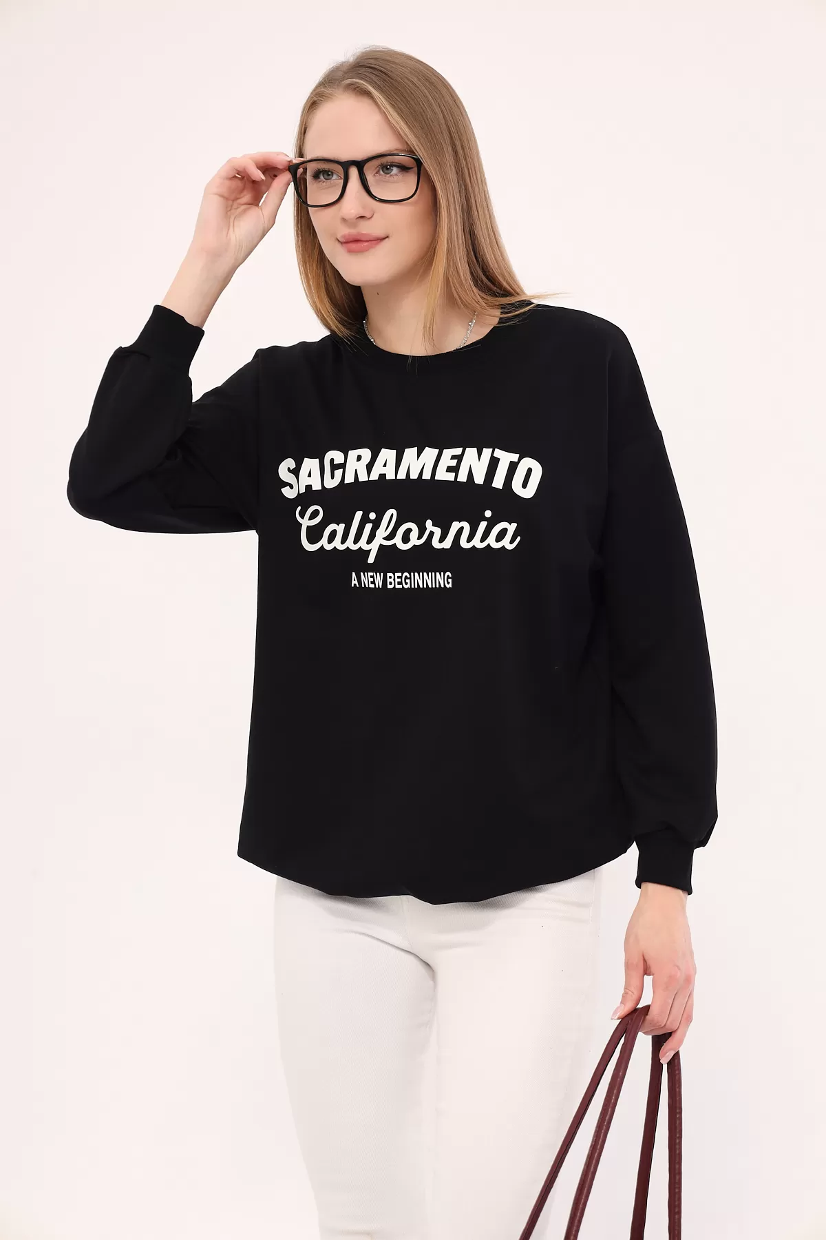 ARM-25K001020 Siyah Sacramento Baskılı Oversize Sweatshirt