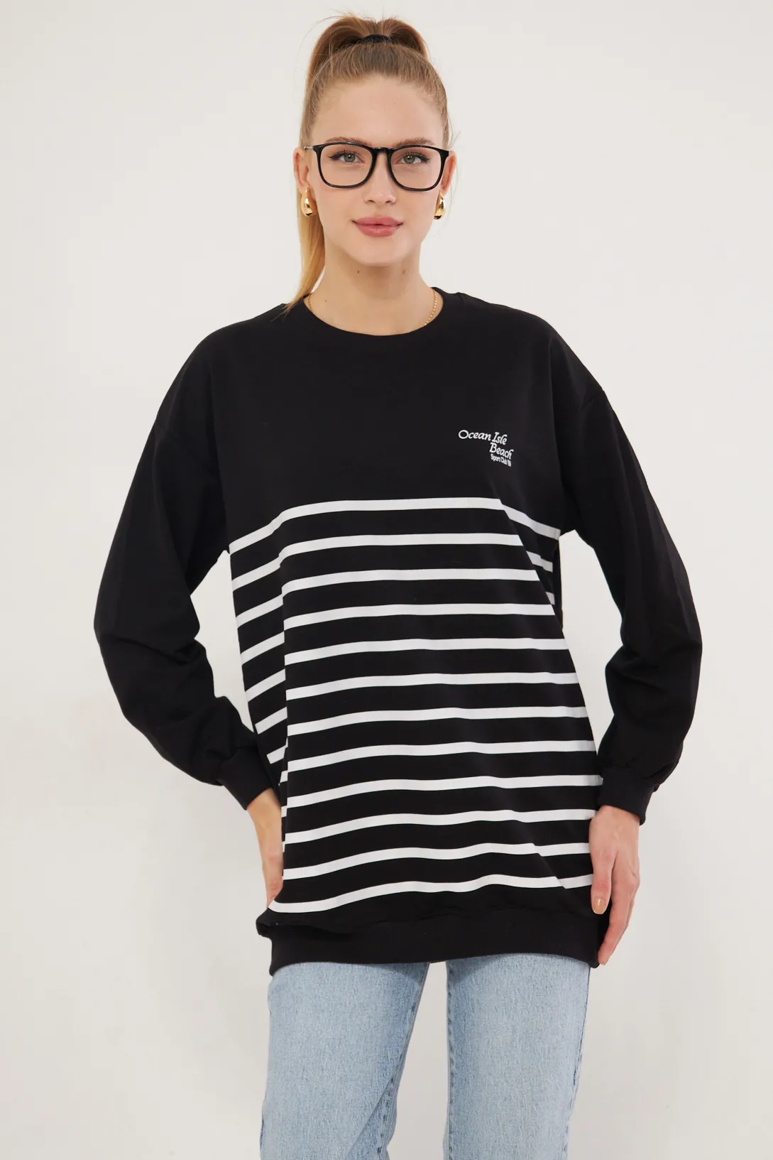 ARM-25K024004 Siyah Sıfır Yaka Çizgili Uzun Sweatshirt