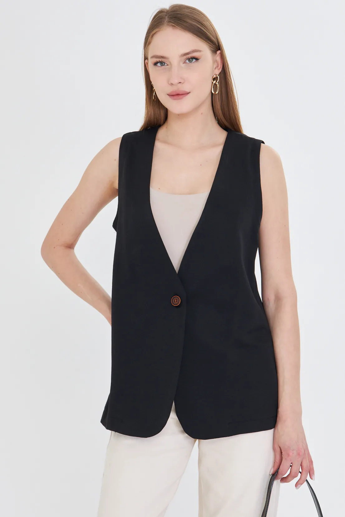 ARM-25Y001036 Siyah V Yaka Tek Düğme Oversize Yelek