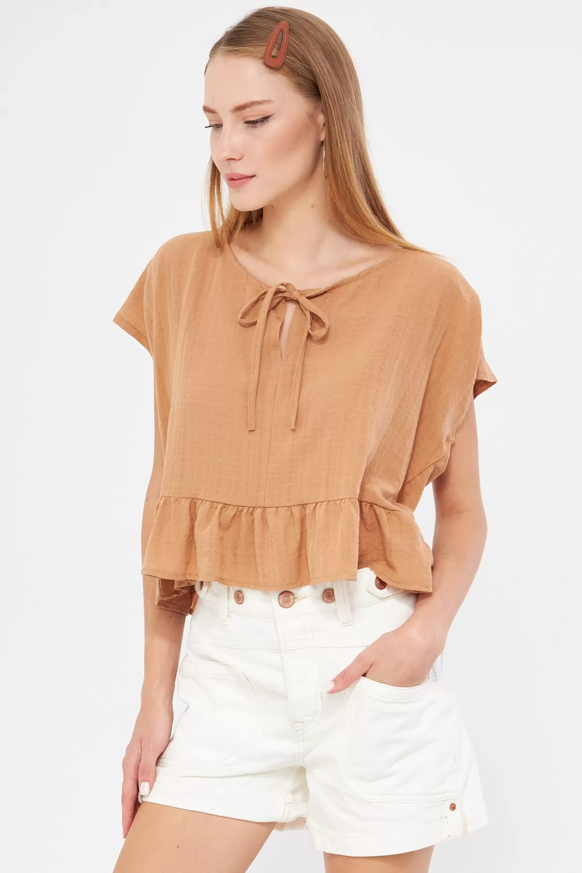 ARM-24Y001088 Vizon Yarasa Kol Yakası Bağlamalı Eteği Fırfırlı Oversize Crop Bluz